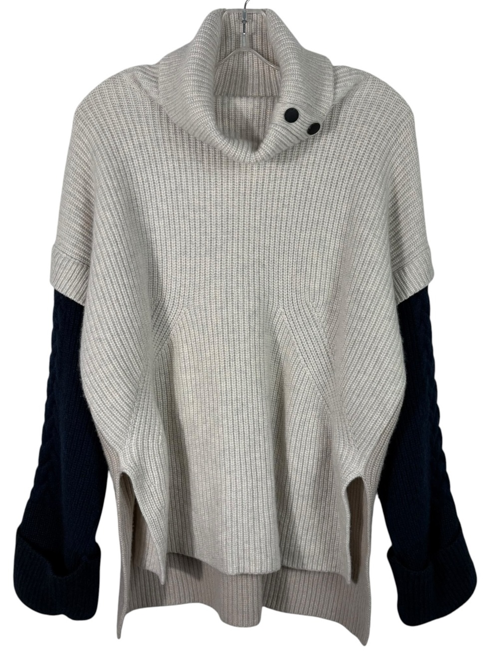 Bogner Turtleneck Layered Look Tan Navy Sleeve Relaxed Cashmere Wool Sweater L